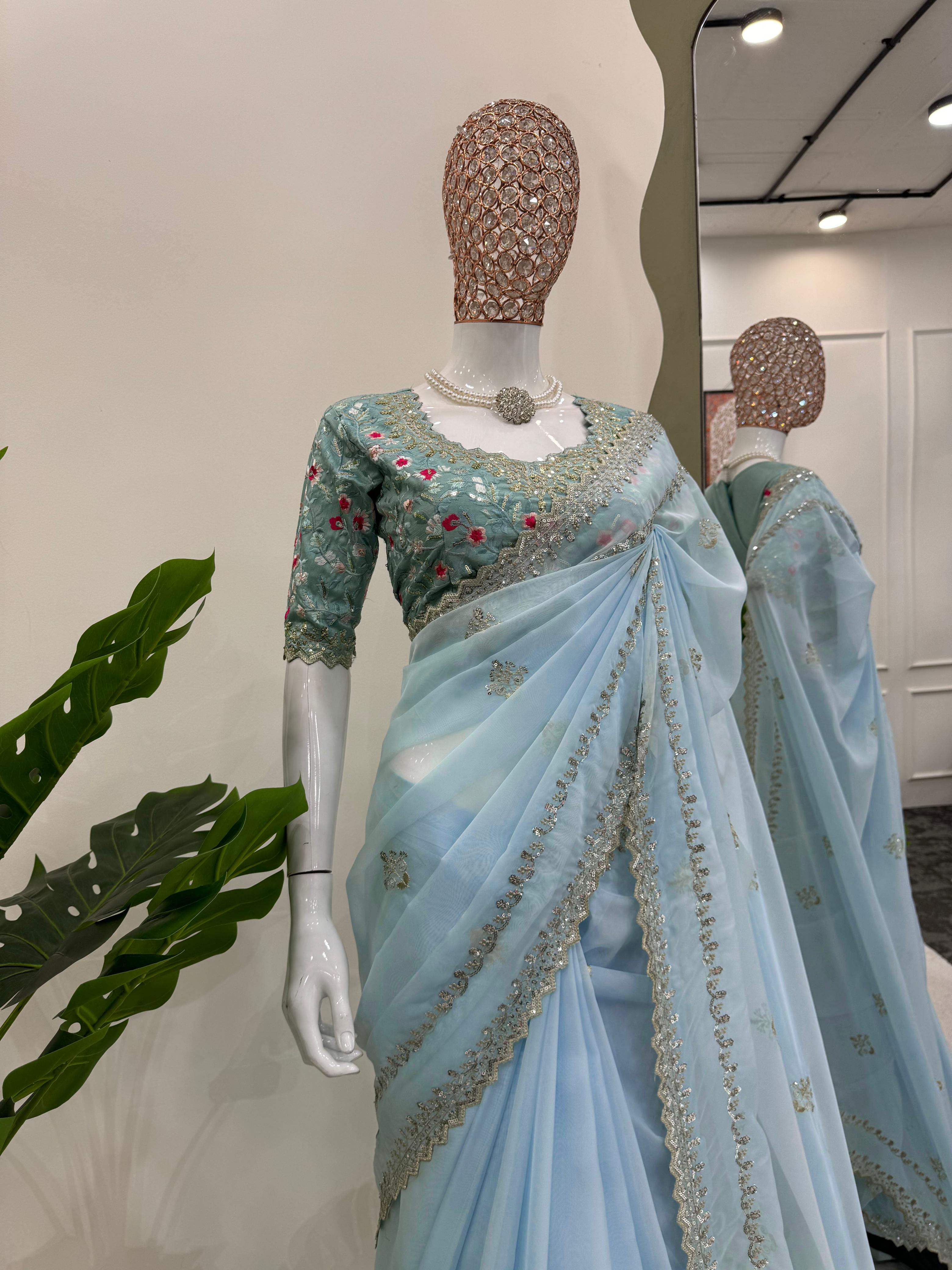 Wedding Wear Sky Blue Color Tibby Silk Saree For Girls