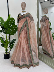 Party Wear Peach Color Twil Net Saree For Girls