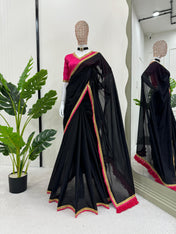 Party Wear Black Color Mul Cotton Saree For Women