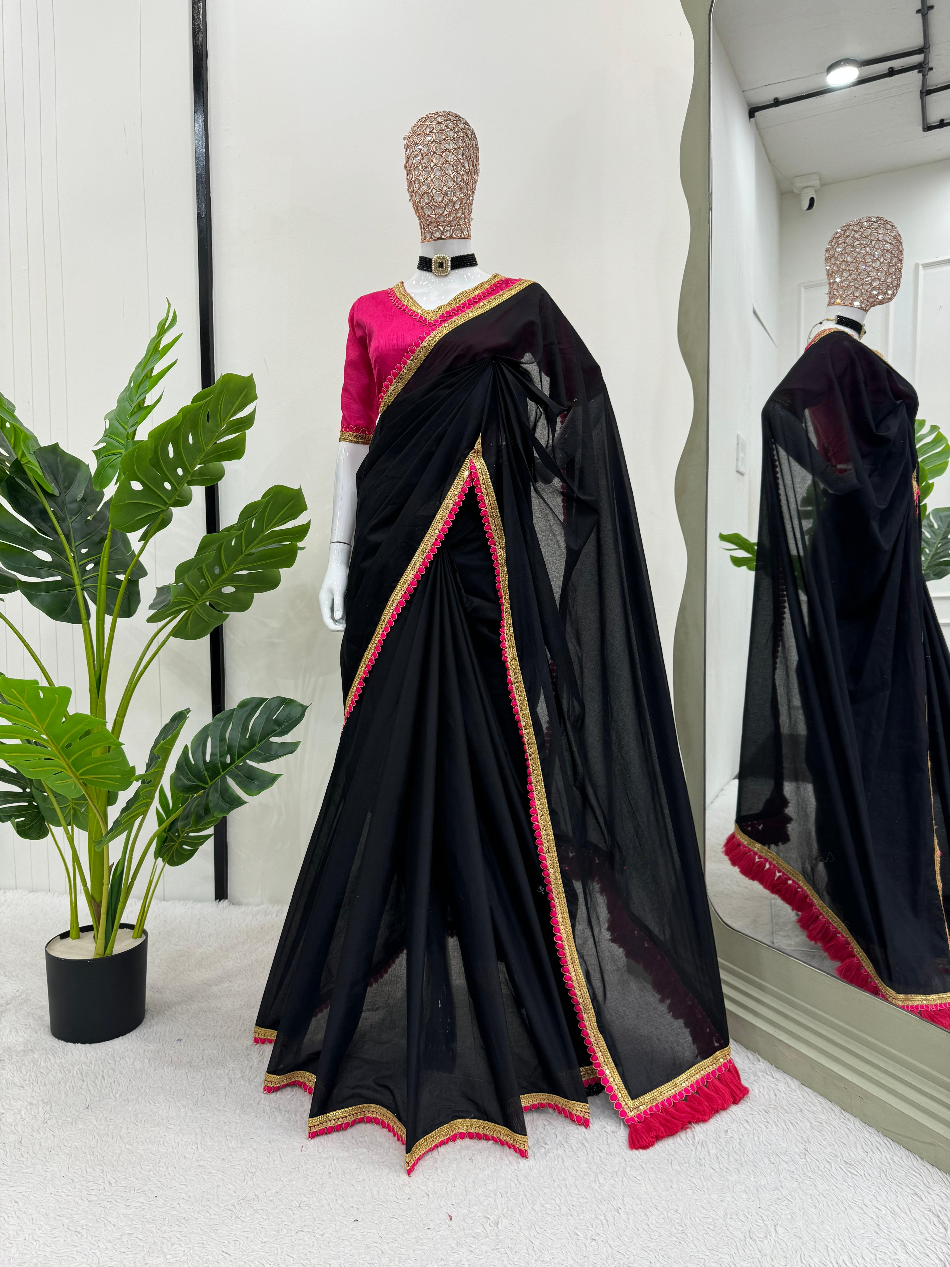 Party Wear Black Color Mul Cotton Saree For Women