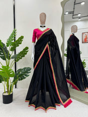 Party Wear Black Color Mul Cotton Saree For Women