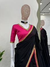 Party Wear Black Color Mul Cotton Saree For Women