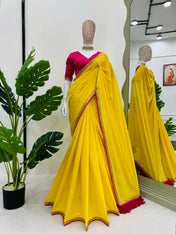 Party Wear Yellow Color Mul Cotton Saree For Girls