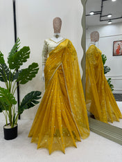 Wedding Wear Yellow Color Havy Twill Net Saree For Women