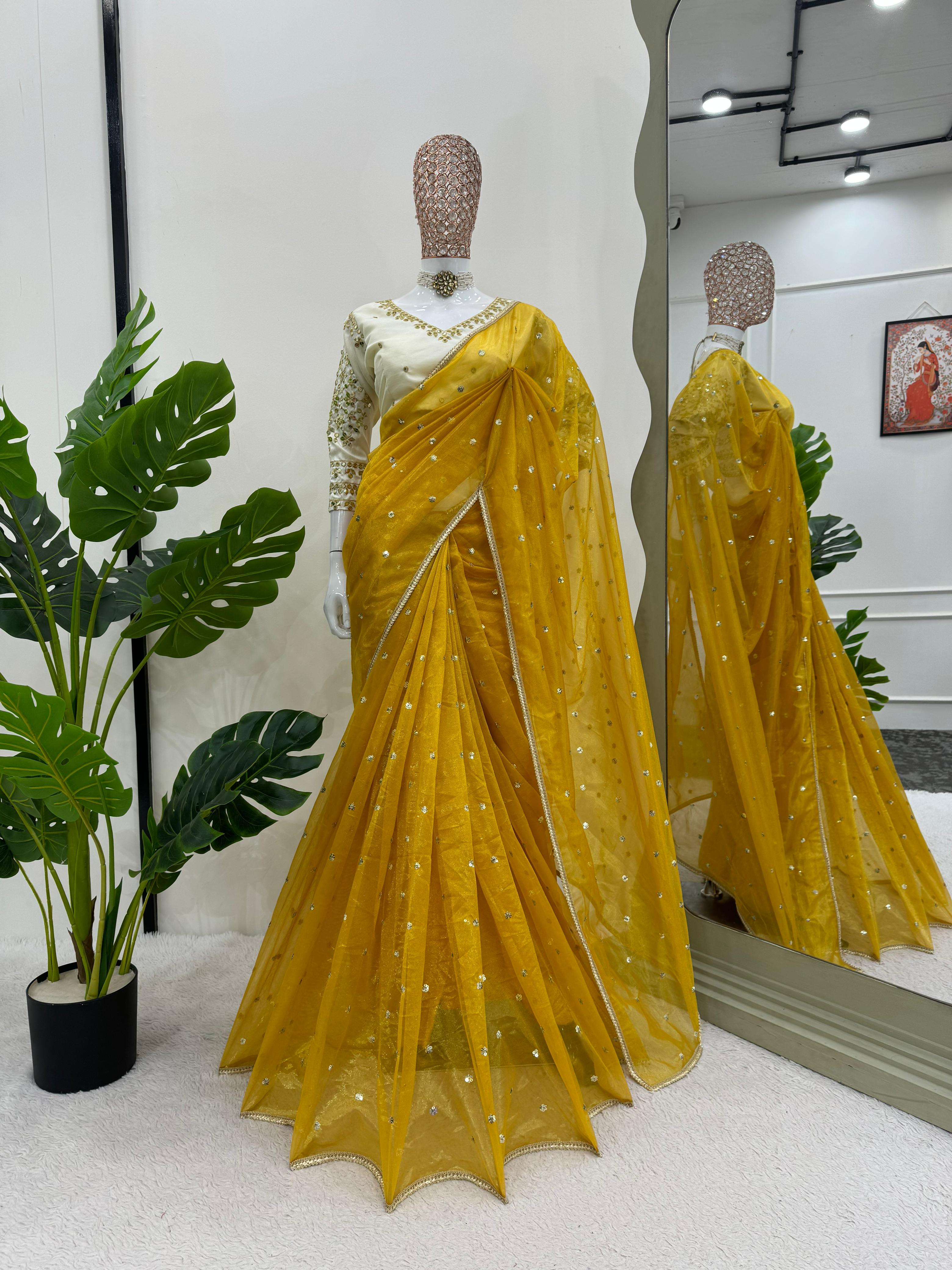 Wedding Wear Yellow Color Havy Twill Net Saree For Women