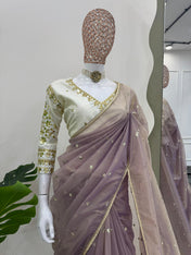 Wedding Wear Peach Color Havy Twill Net Saree For Women