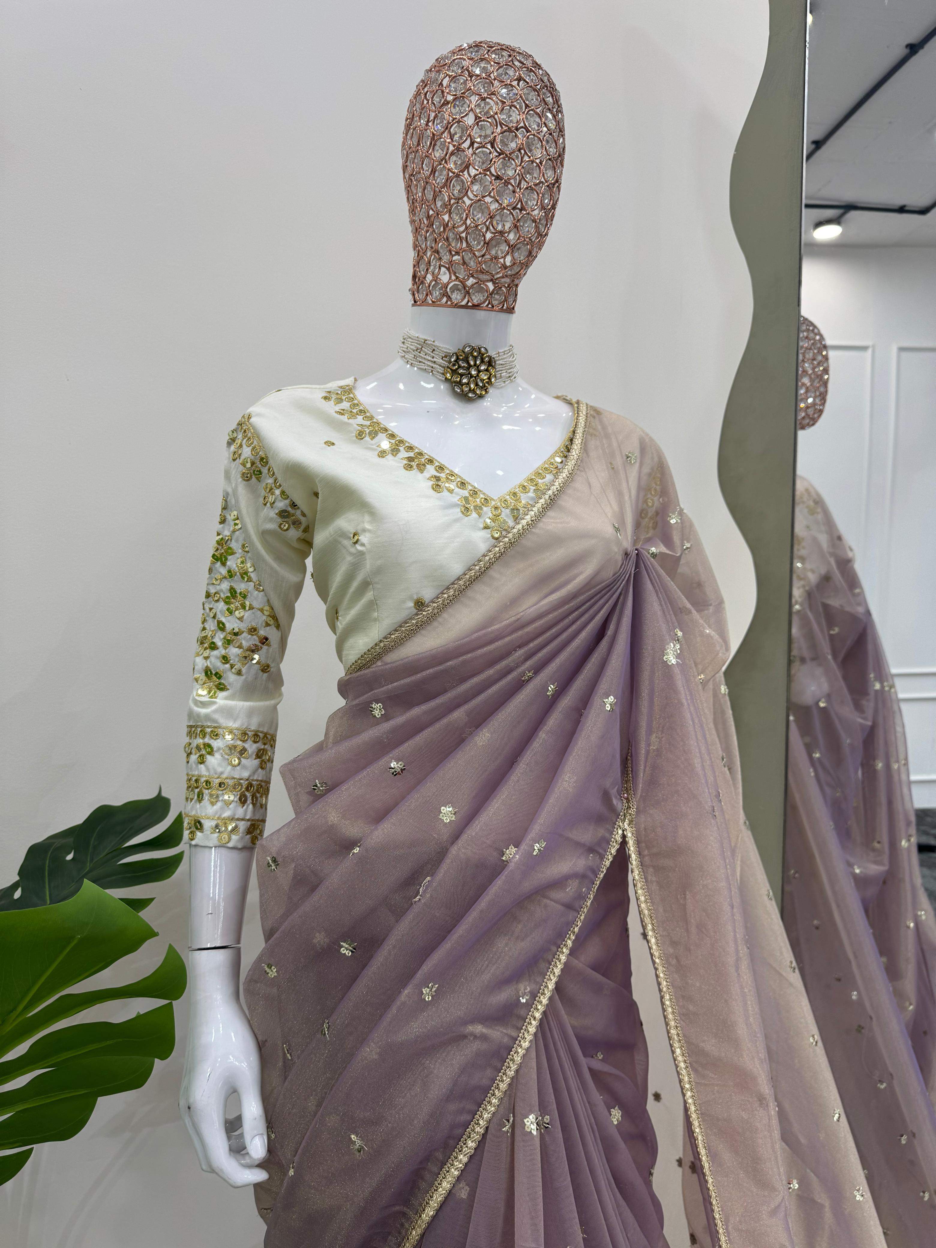 Wedding Wear Peach Color Havy Twill Net Saree For Women