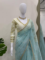 Party Wear Sky Blue Color Havy Twill Net Saree For Women