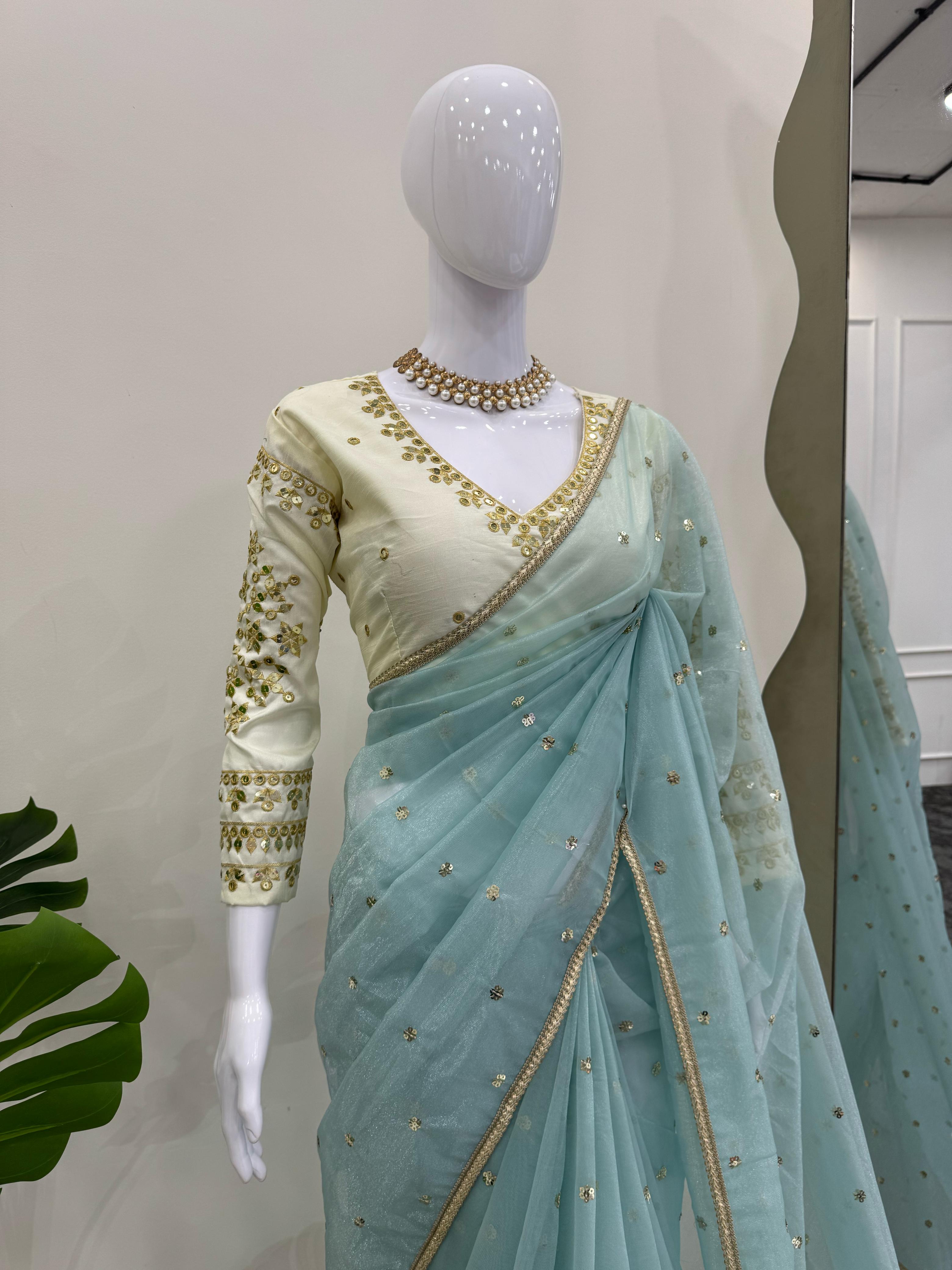 Party Wear Sky Blue Color Havy Twill Net Saree For Women