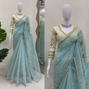Party Wear Sky Blue Color Havy Twill Net Saree For Women