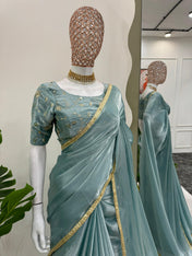 Wedding Wear Sky Blue Color Havy Zimmy Chu Saree For Girls