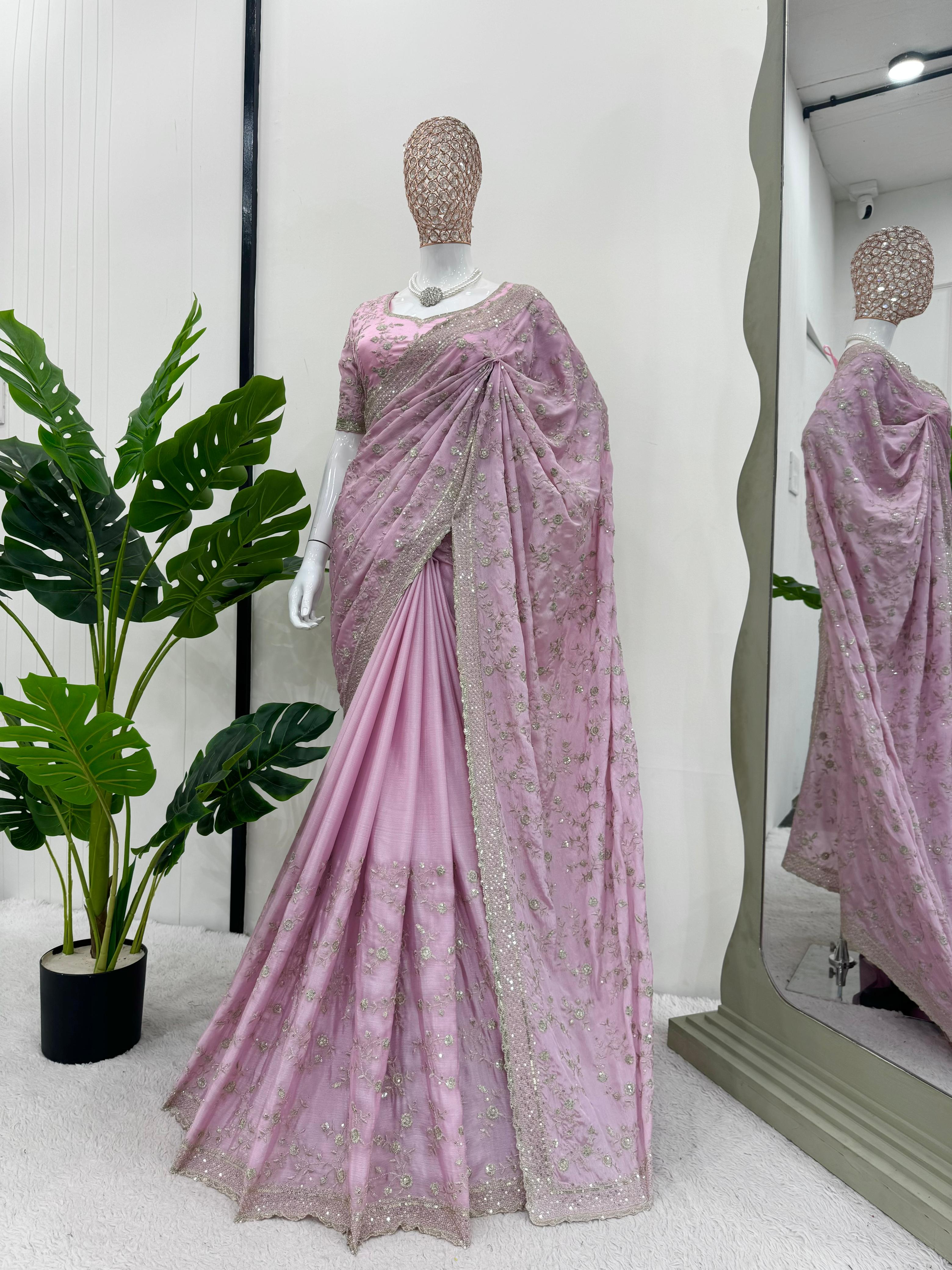 Party Wear Pink Color Havy Chinon Silk Saree For Girls