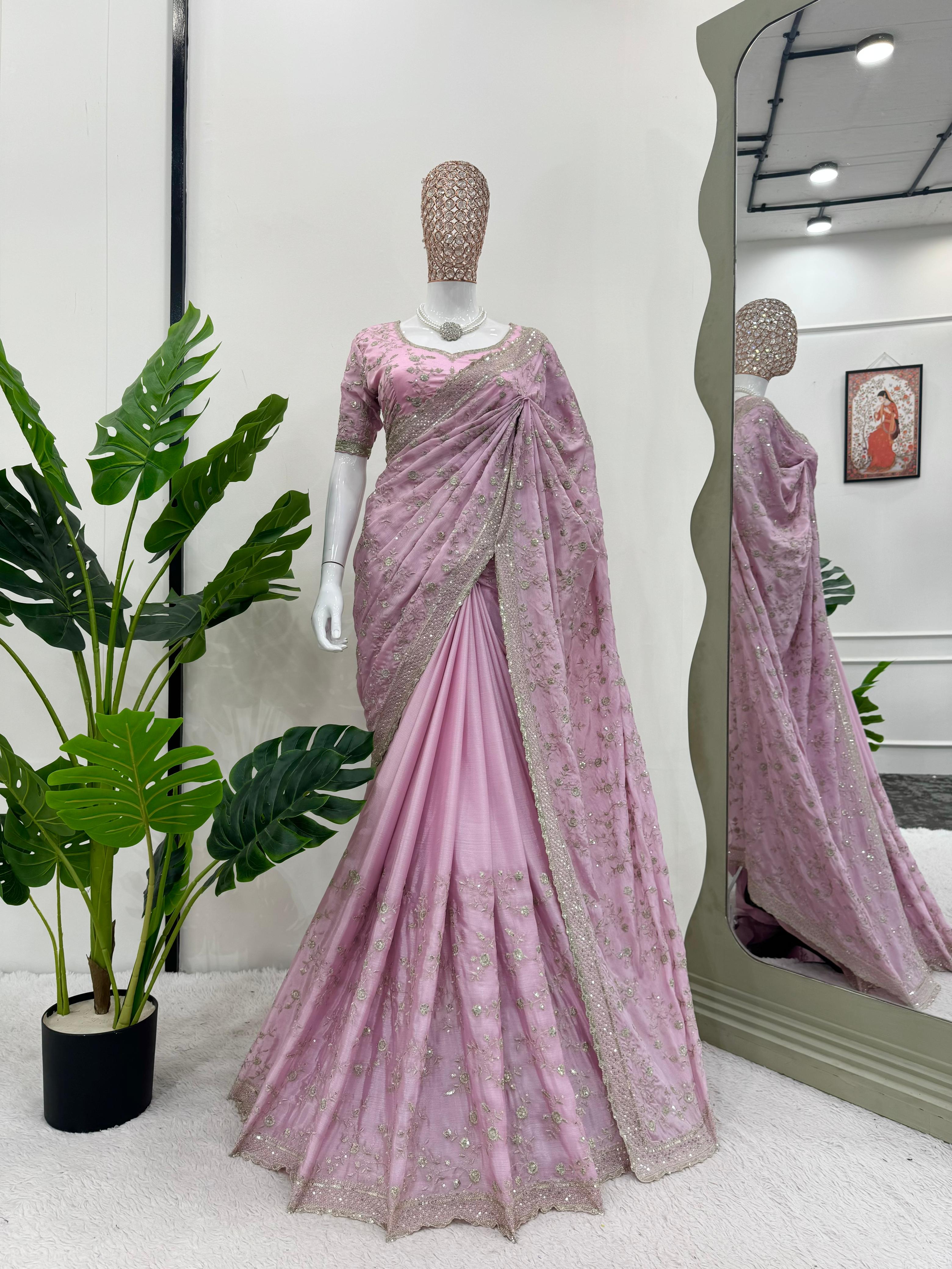 Party Wear Pink Color Havy Chinon Silk Saree For Girls