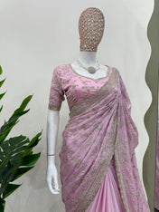 Party Wear Pink Color Havy Chinon Silk Saree For Girls