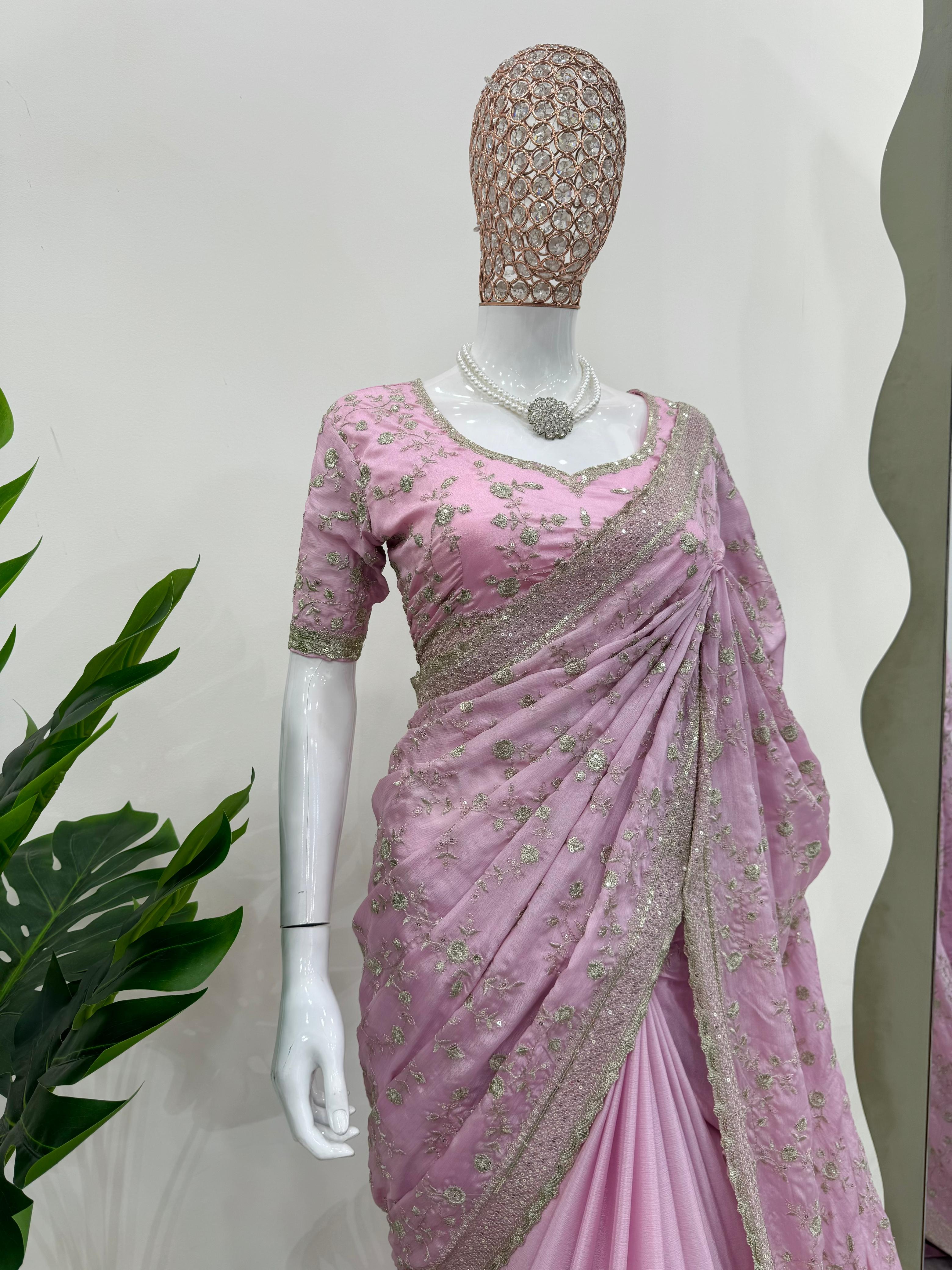 Party Wear Pink Color Havy Chinon Silk Saree For Girls