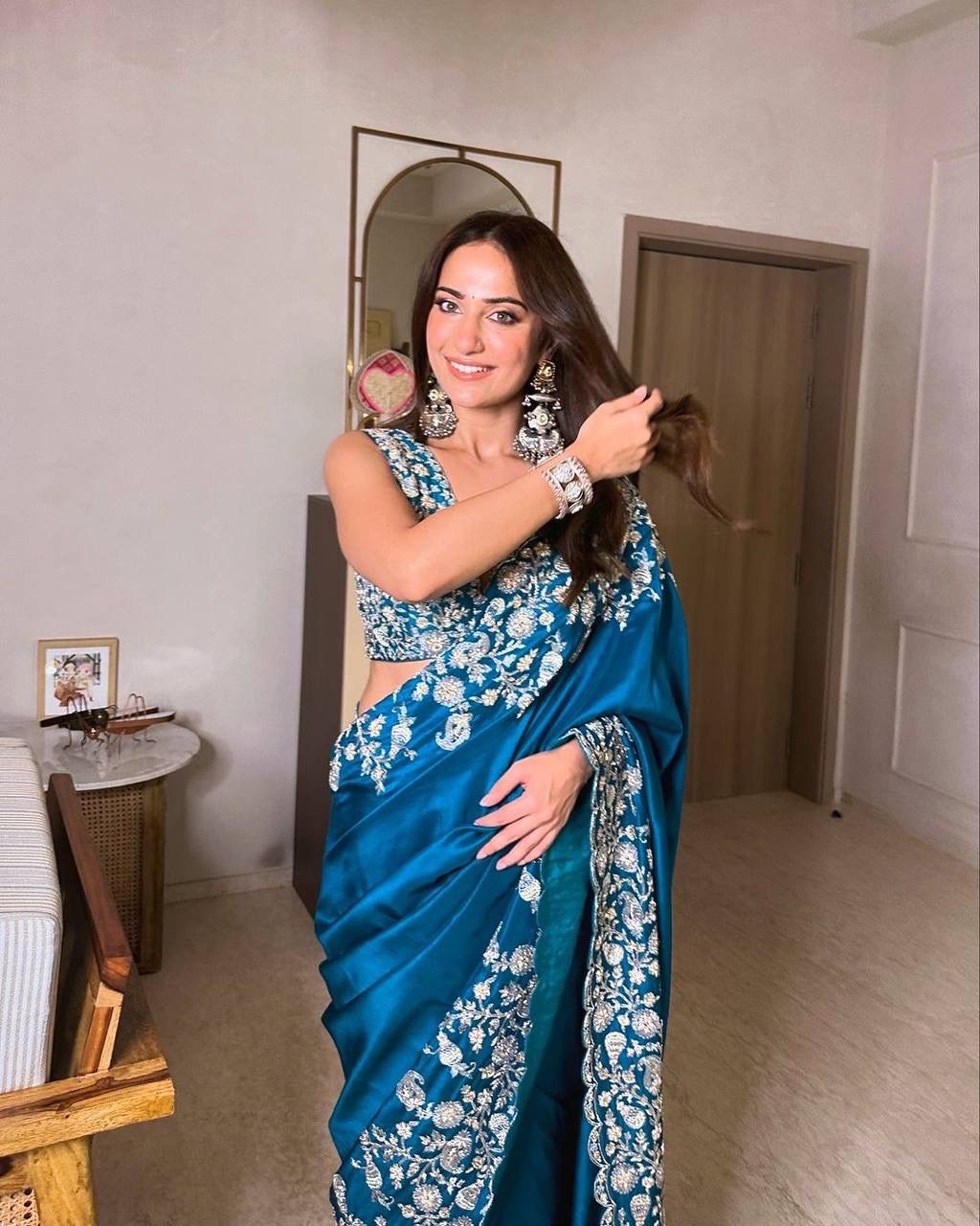 Wedding Wear Blue Color Havy Chinon Saree For Girls