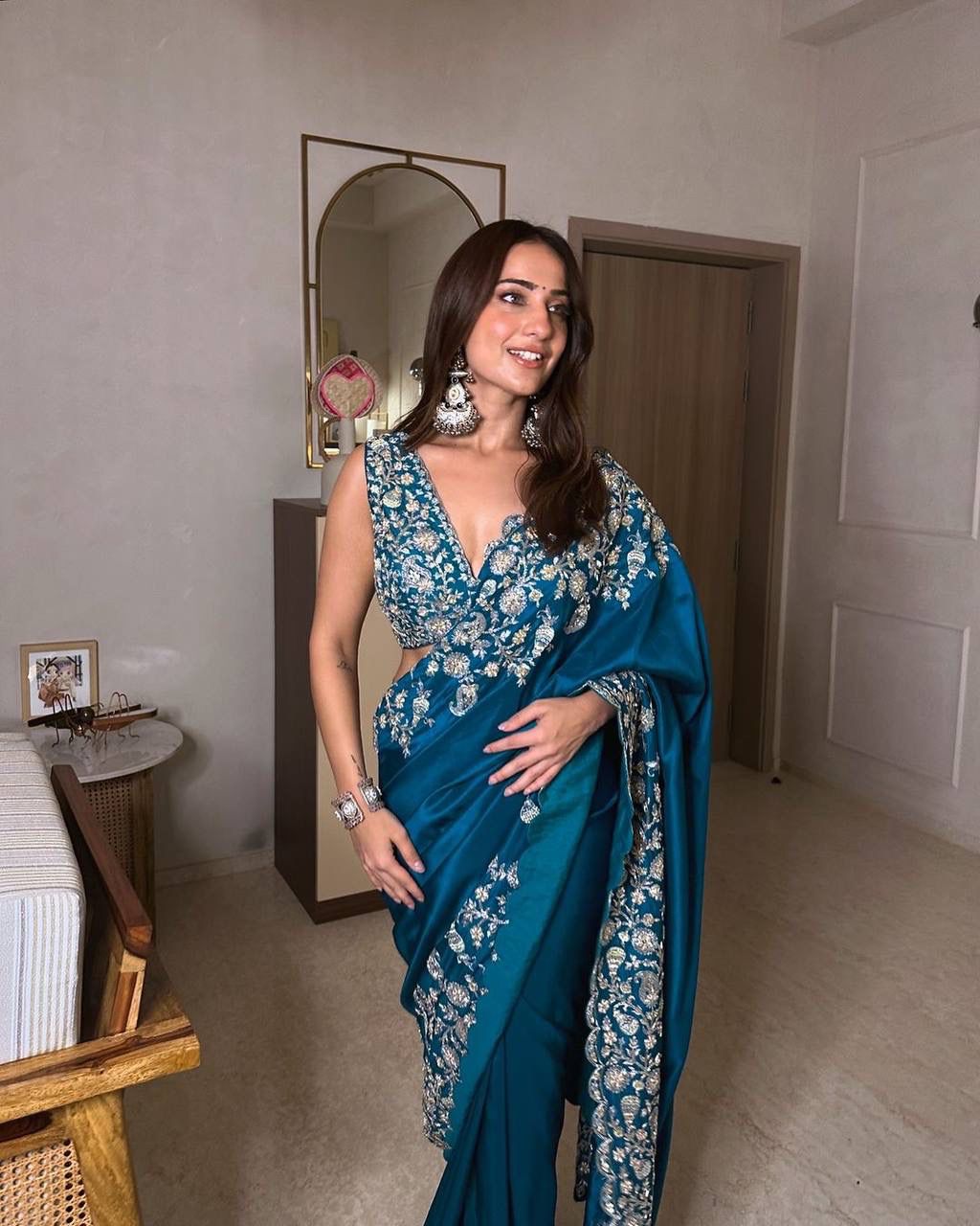 Wedding Wear Blue Color Havy Chinon Saree For Girls