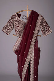 Party Wear Maroon Color Havy Tibby Silk Saree For Girls