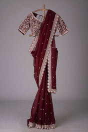 Party Wear Maroon Color Havy Tibby Silk Saree For Girls