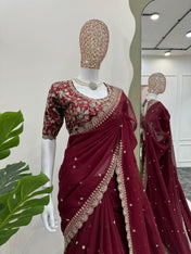 Party Wear Maroon Color Havy Tibby Silk Saree For Girls