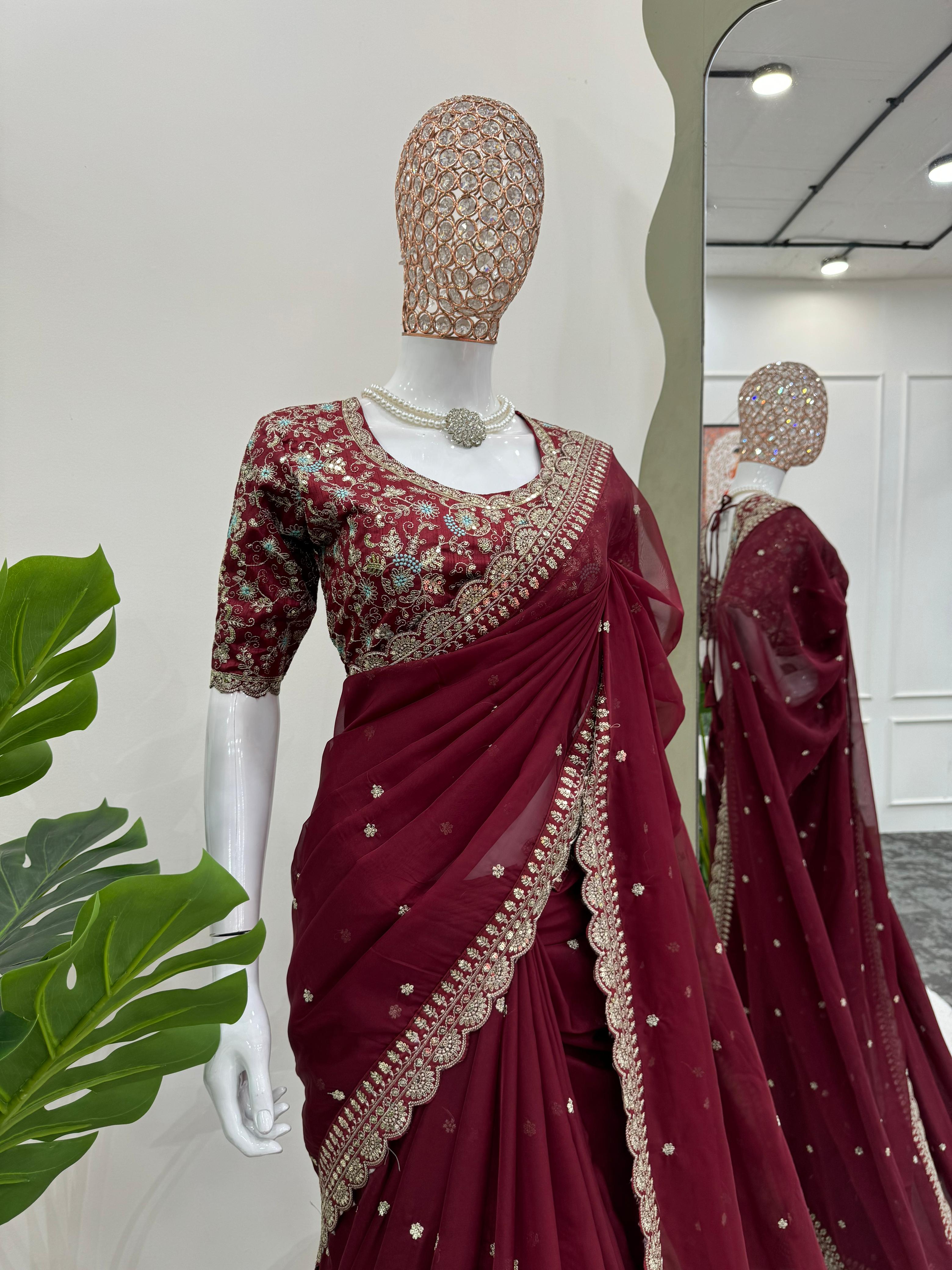 Party Wear Maroon Color Havy Tibby Silk Saree For Girls
