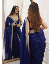 Party Wear Blue Color Havy Organza Silk Saree For Girls