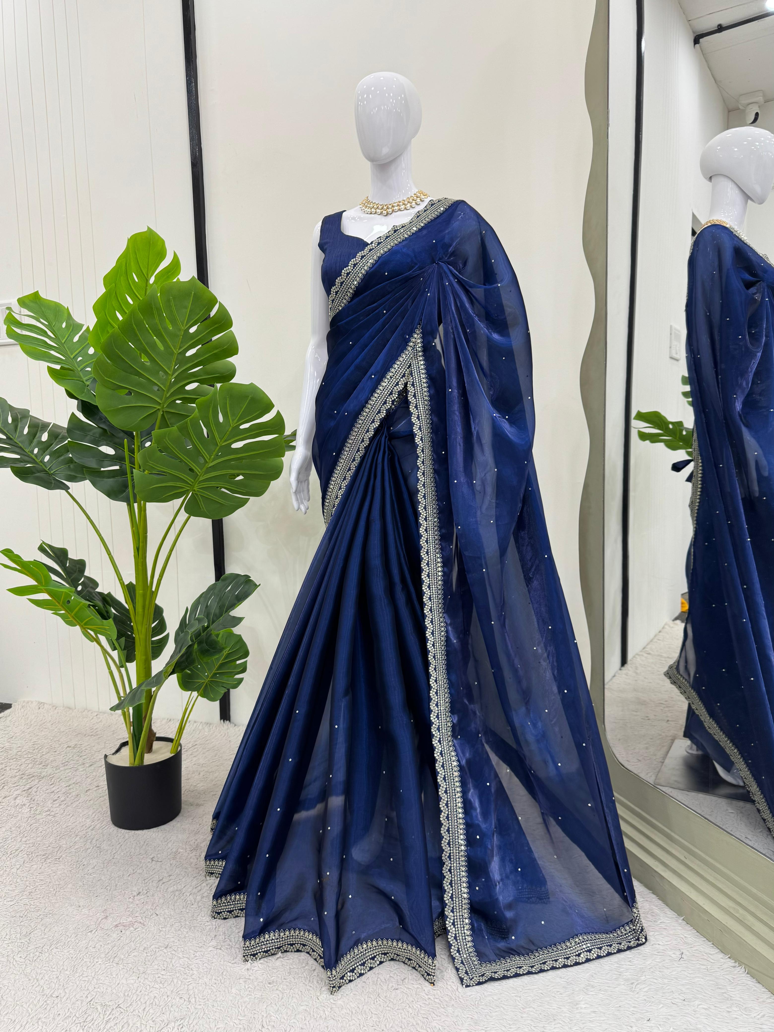 Party Wear Blue Color Havy Organza Silk Saree For Girls