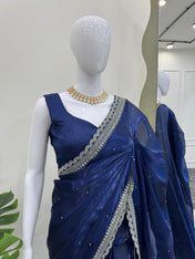 Party Wear Blue Color Havy Organza Silk Saree For Girls