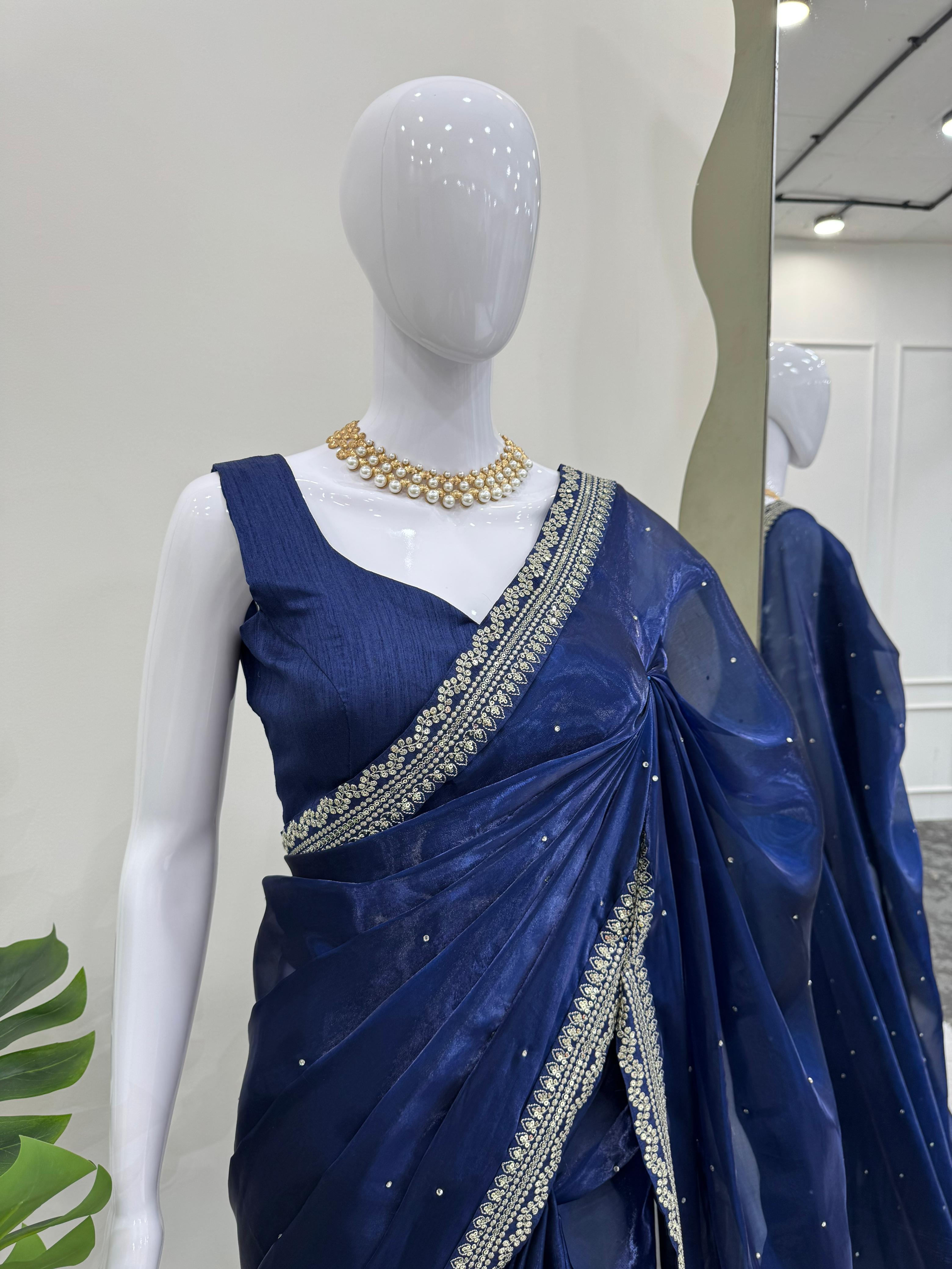 Party Wear Blue Color Havy Organza Silk Saree For Girls