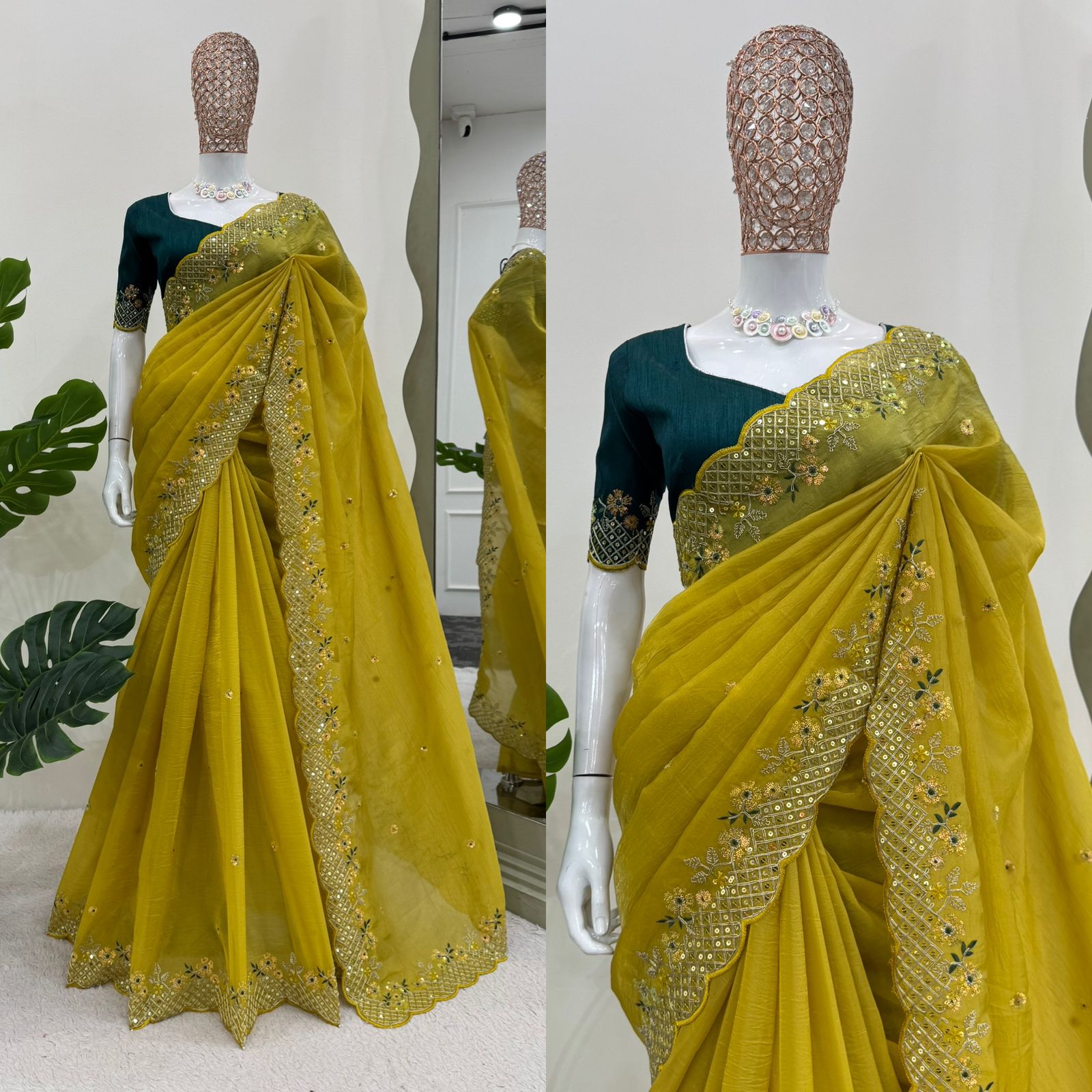 Wedding Wear Green Color Crunchy Silk Saree For Girls