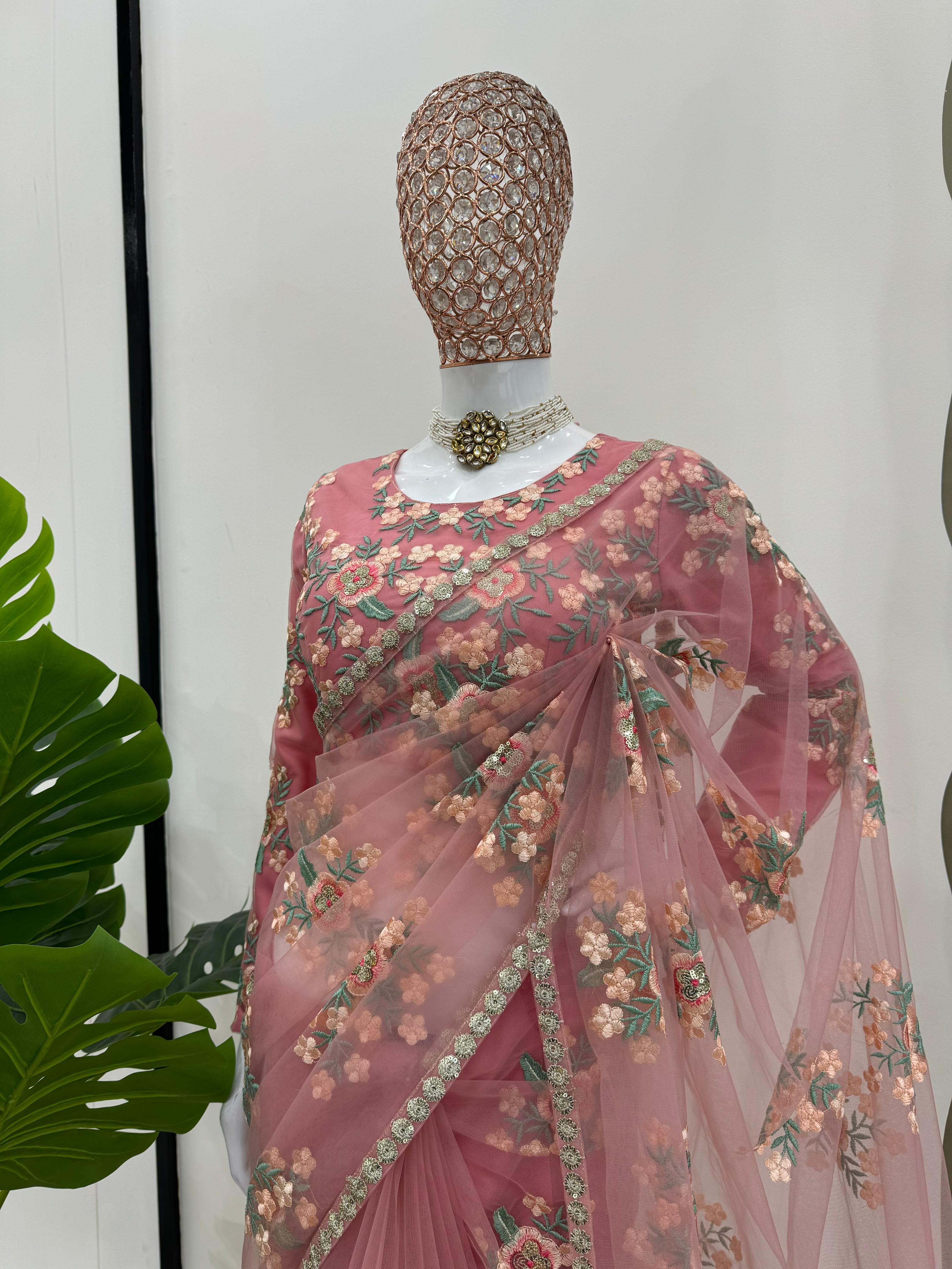 Party Wear Pink Color Soft Silk Saree For Girls