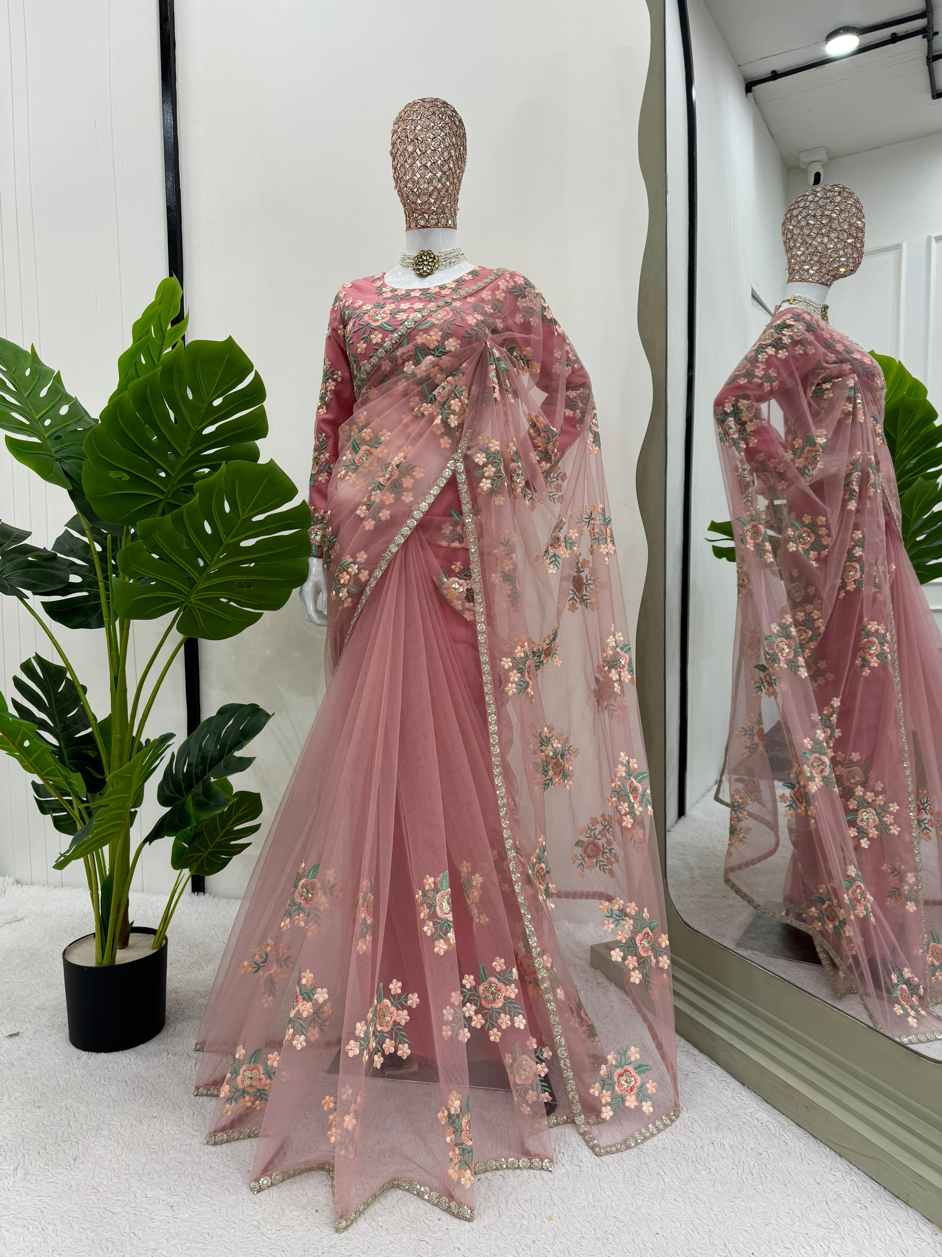Party Wear Pink Color Soft Silk Saree For Girls