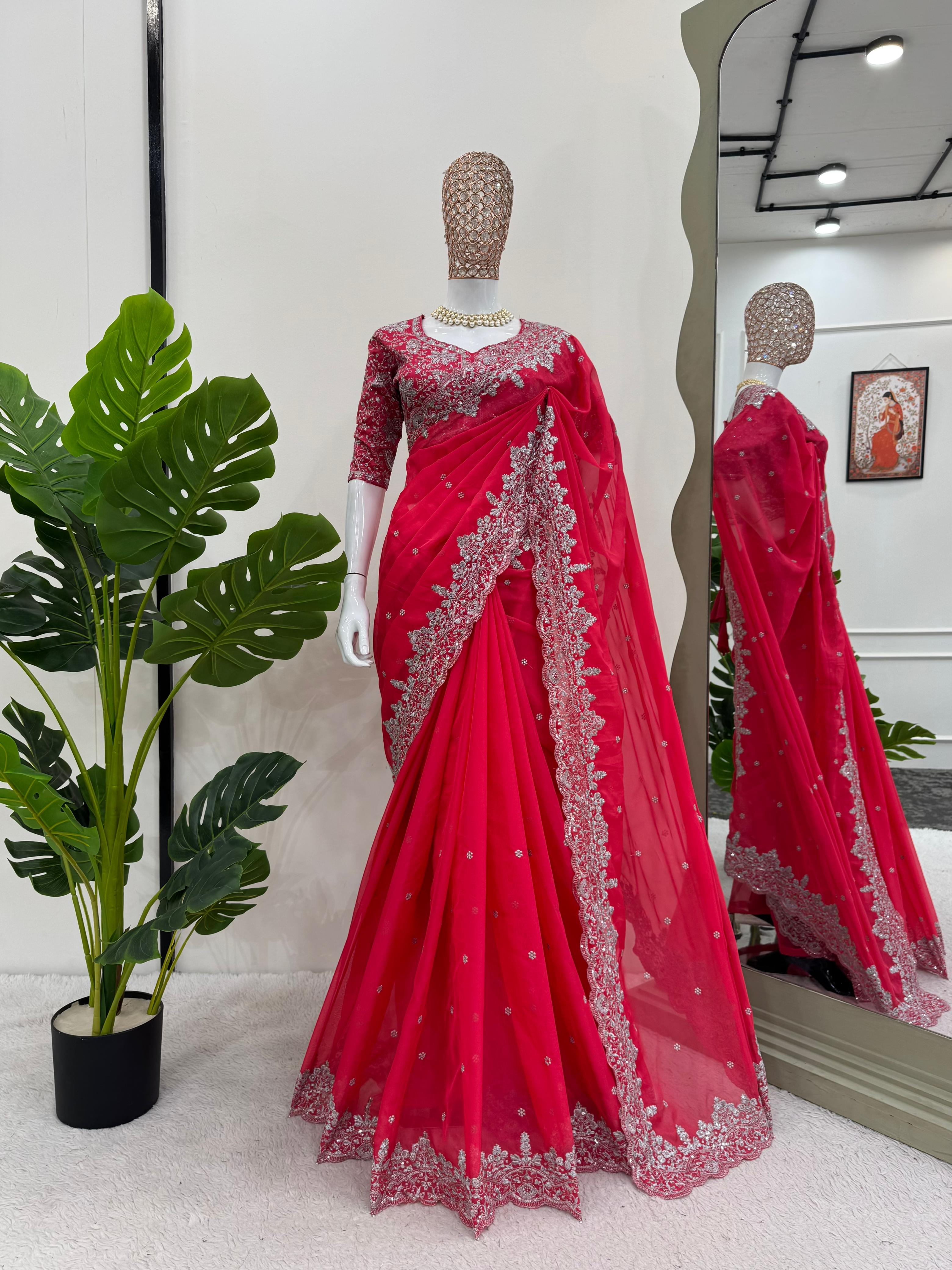 Party Wear Pink Color Havy Tibby Silk Saree For Girls