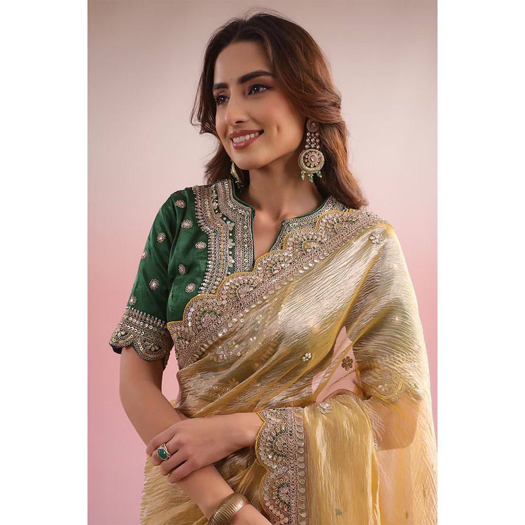 Party Wear Golden Color Twil Net Saree For Women