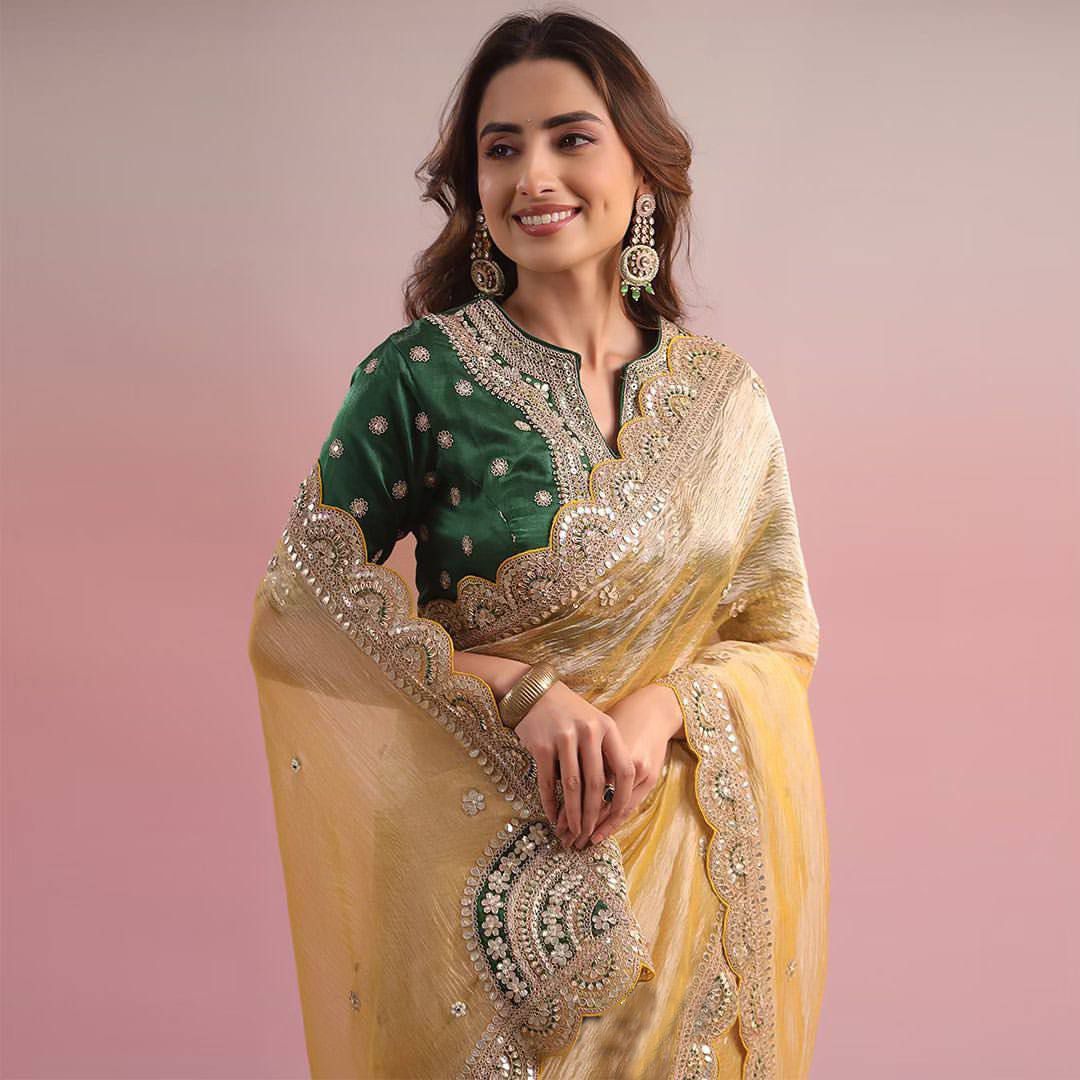 Party Wear Golden Color Twil Net Saree For Women