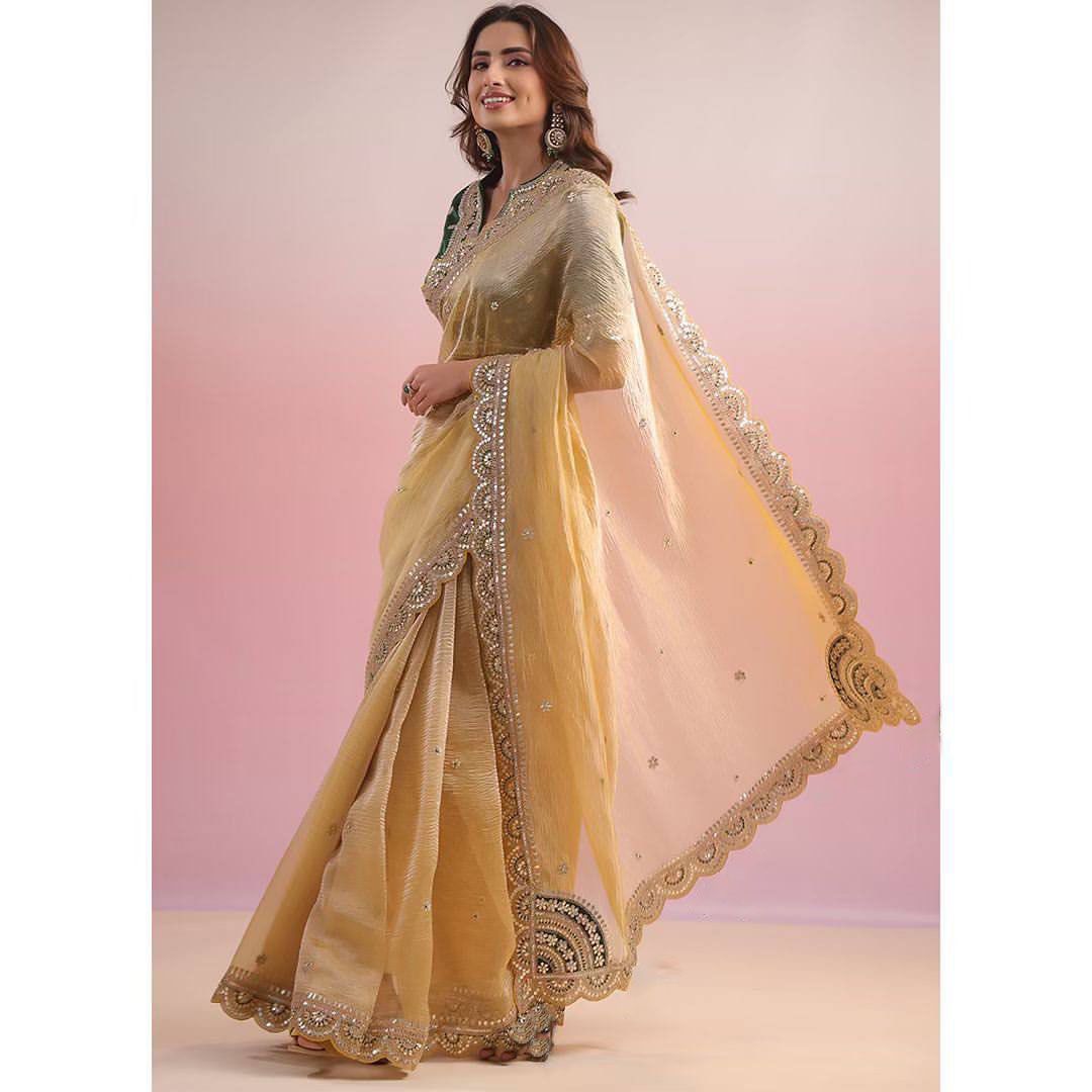 Party Wear Golden Color Twil Net Saree For Women