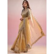 Party Wear Golden Color Twil Net Saree For Women