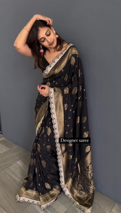 Party Wear Black Color Kota Silk Saree For Women