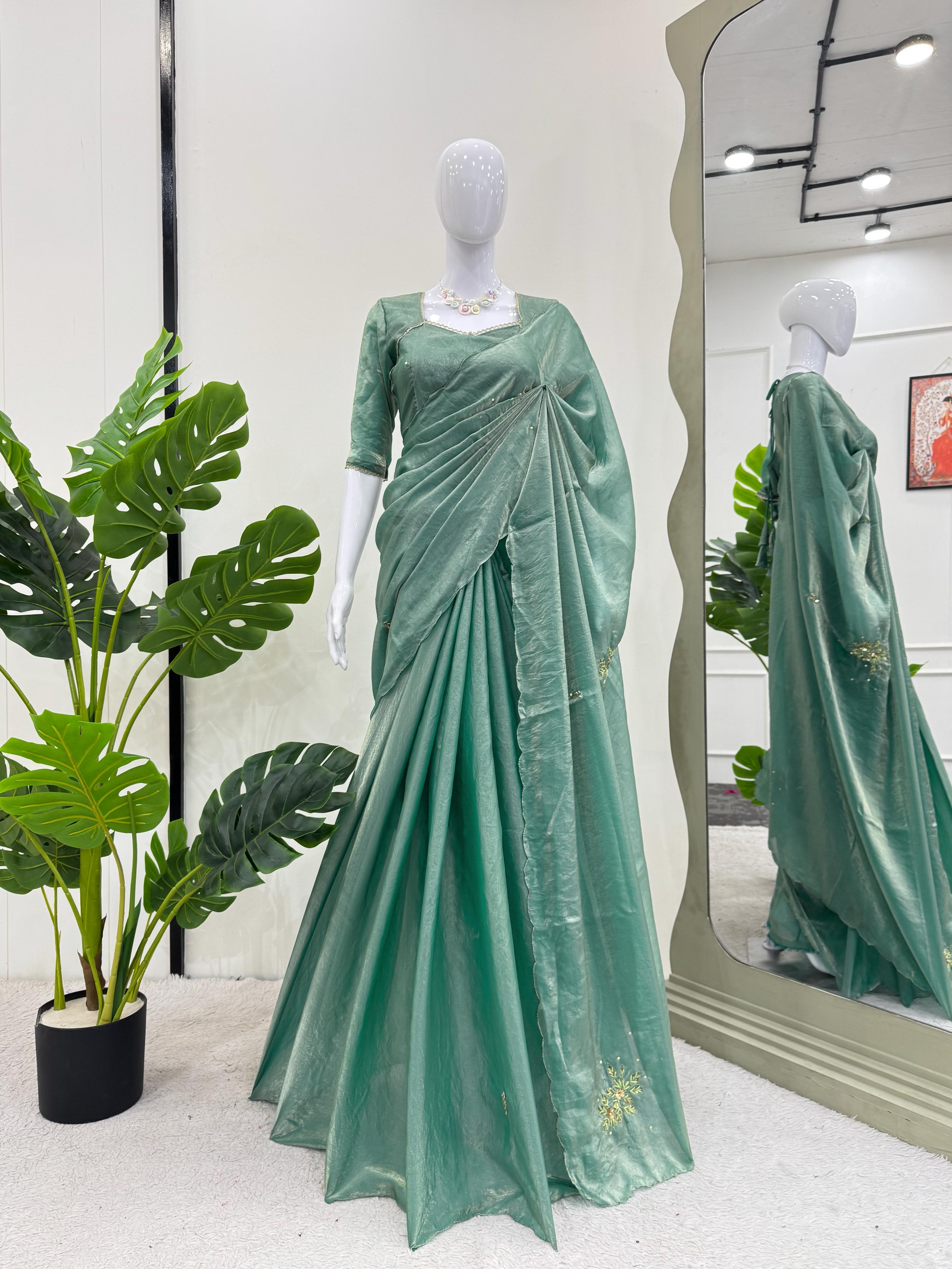 Wedding Wear Sky Blue Color Fandy Silk Saree For Women