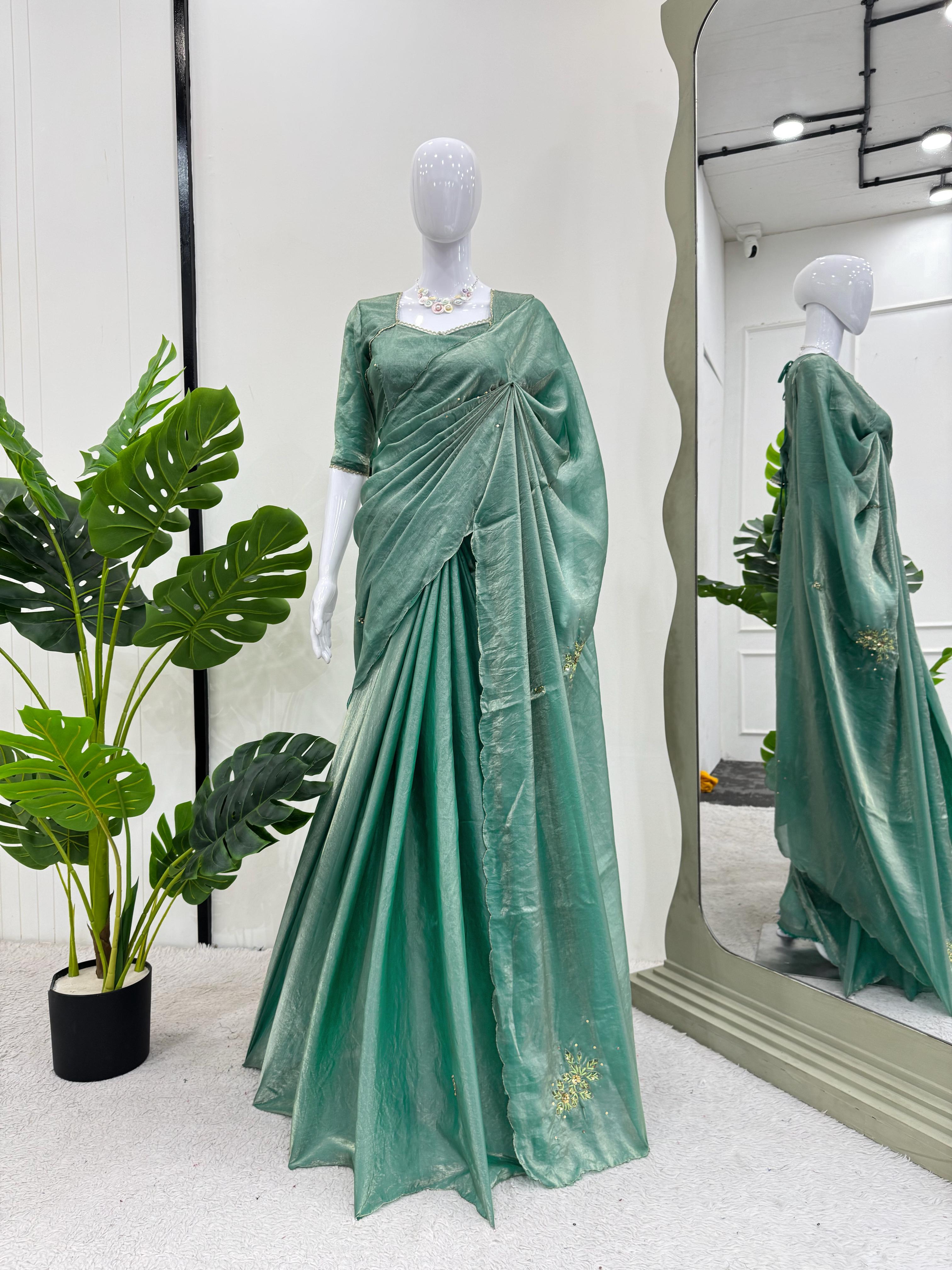 Wedding Wear Sky Blue Color Fandy Silk Saree For Women