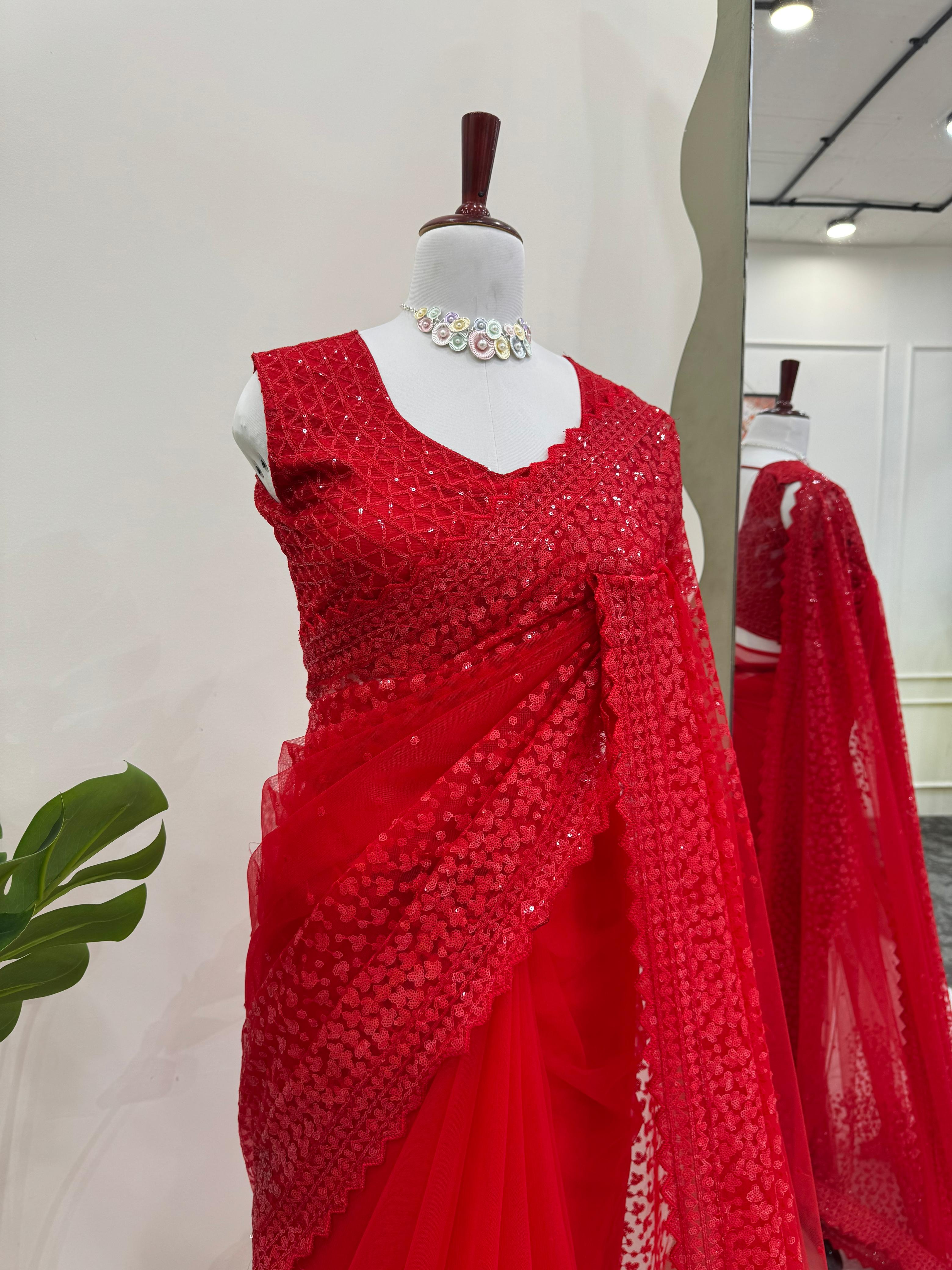 Party Wear Red Color Soft Silk Saree For Girls