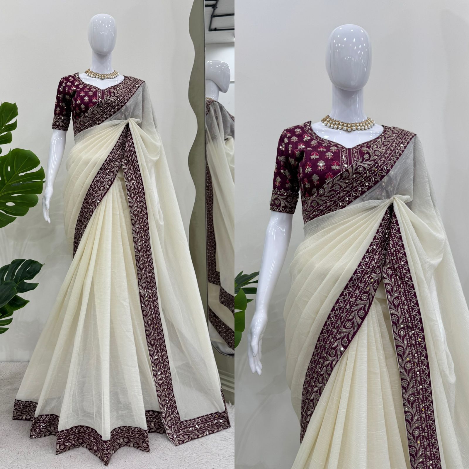 Party Wear Off White Color Crunchy Silk Saree For Girls