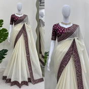 Party Wear Off White Color Crunchy Silk Saree For Girls