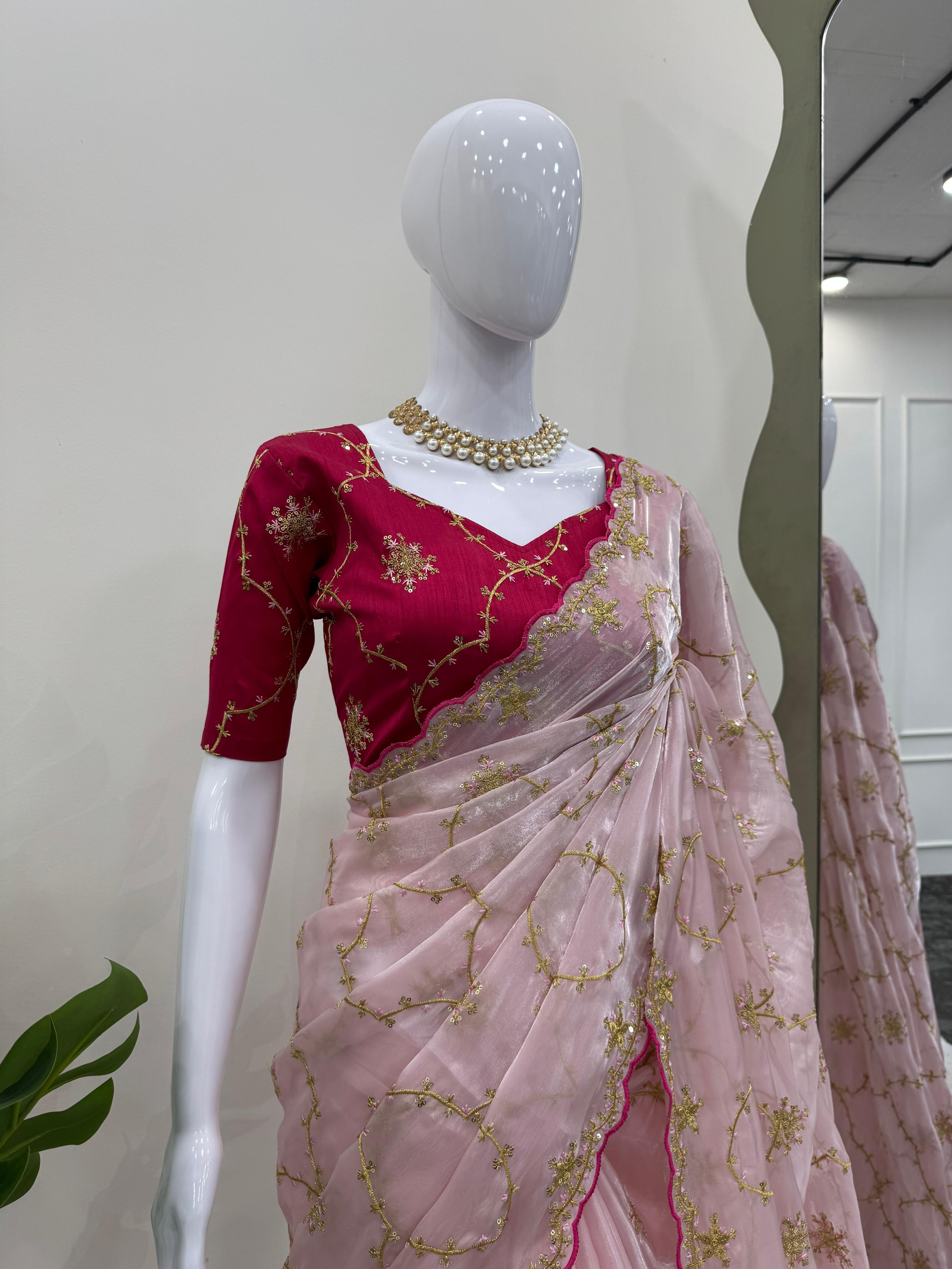 Wedding Wear Peach Color Havy Zimmy Chu Saree For Girls
