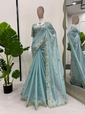 Wedding Wear Sky Blue Color Havy Zimmy Chu Saree For Girls