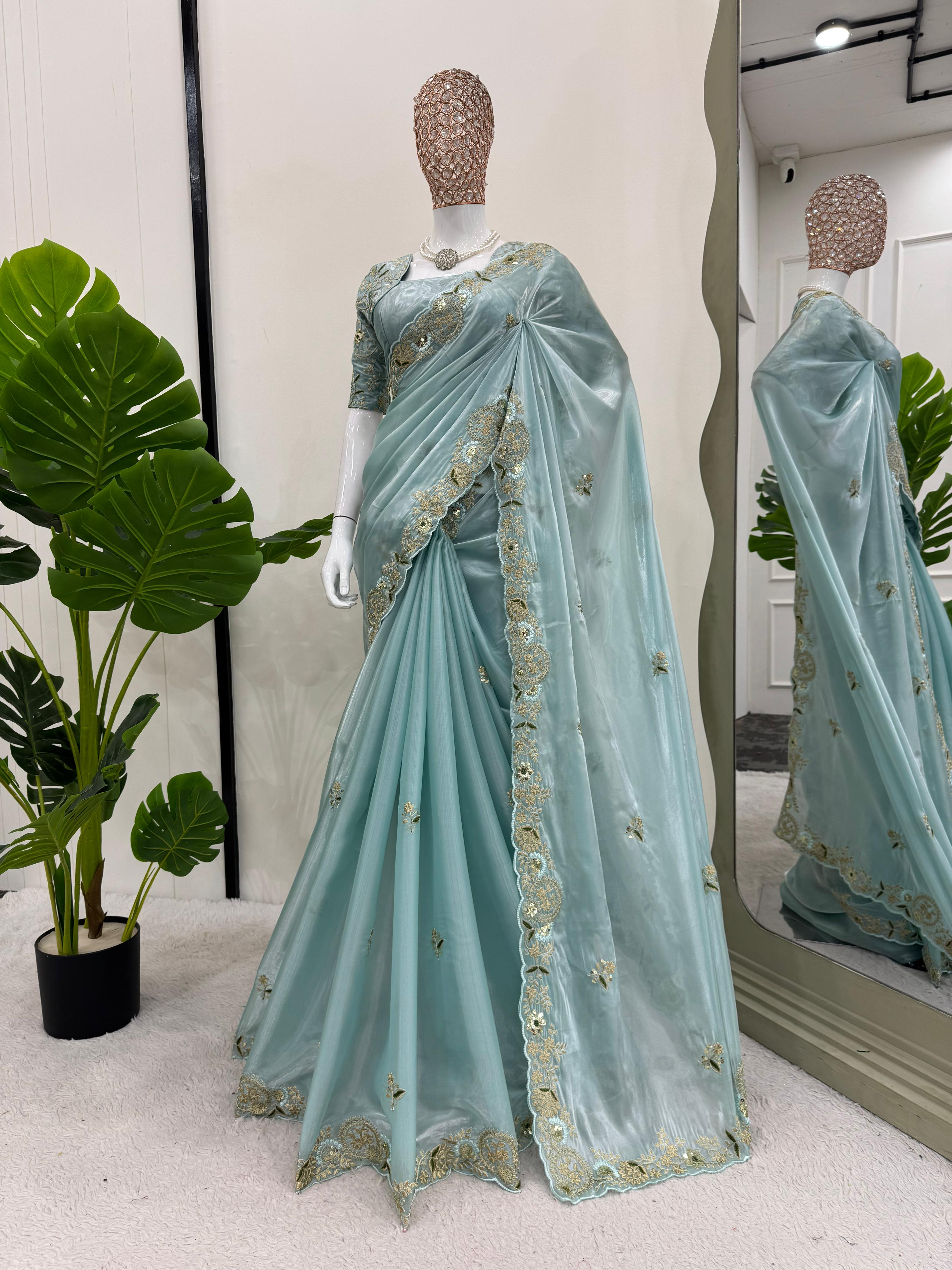 Wedding Wear Sky Blue Color Havy Zimmy Chu Saree For Girls