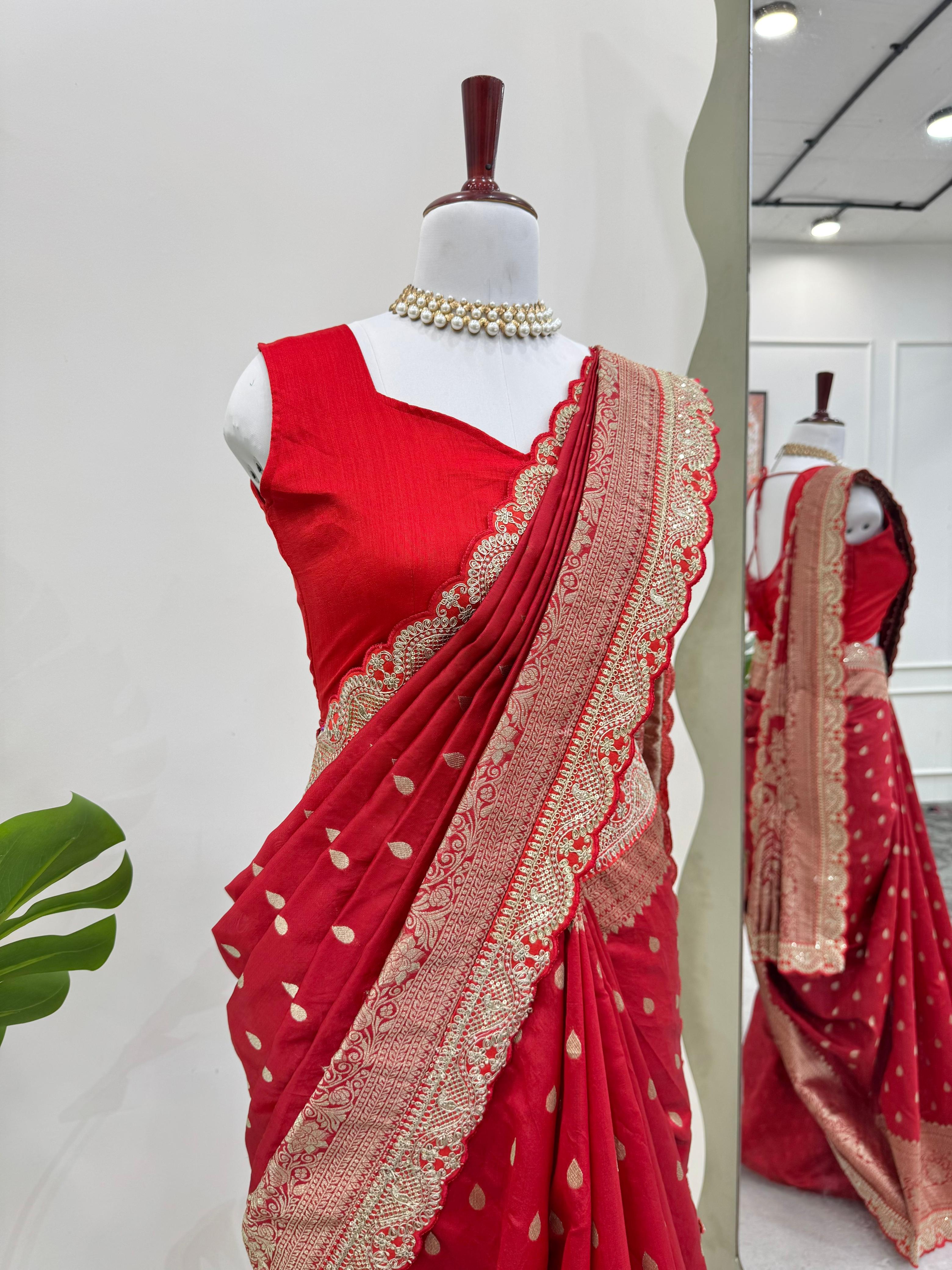Wedding Wear Red Color Kota Silk Saree For Girls