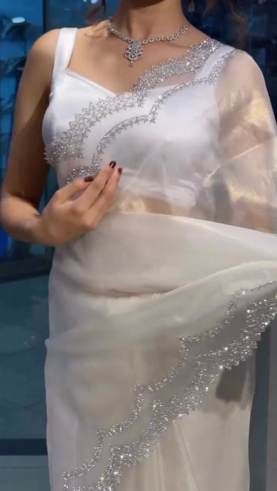 Party Wear White Color Havy Organza Silk Saree For Girls