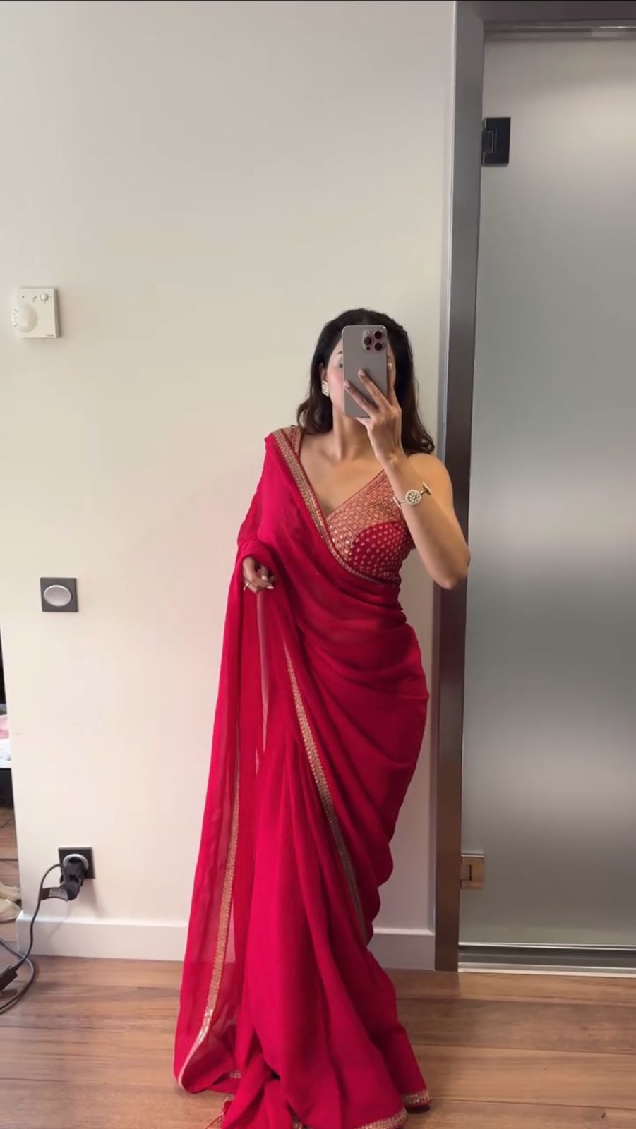 Party Wear Red Color Faux Georgette Saree For Girls