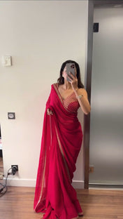 Party Wear Red Color Faux Georgette Saree For Girls